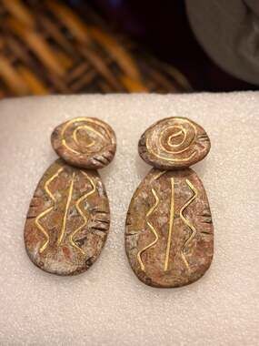 Hand-Carved Stone Petroglyph Style Dangle Earrings with Gold Inlay